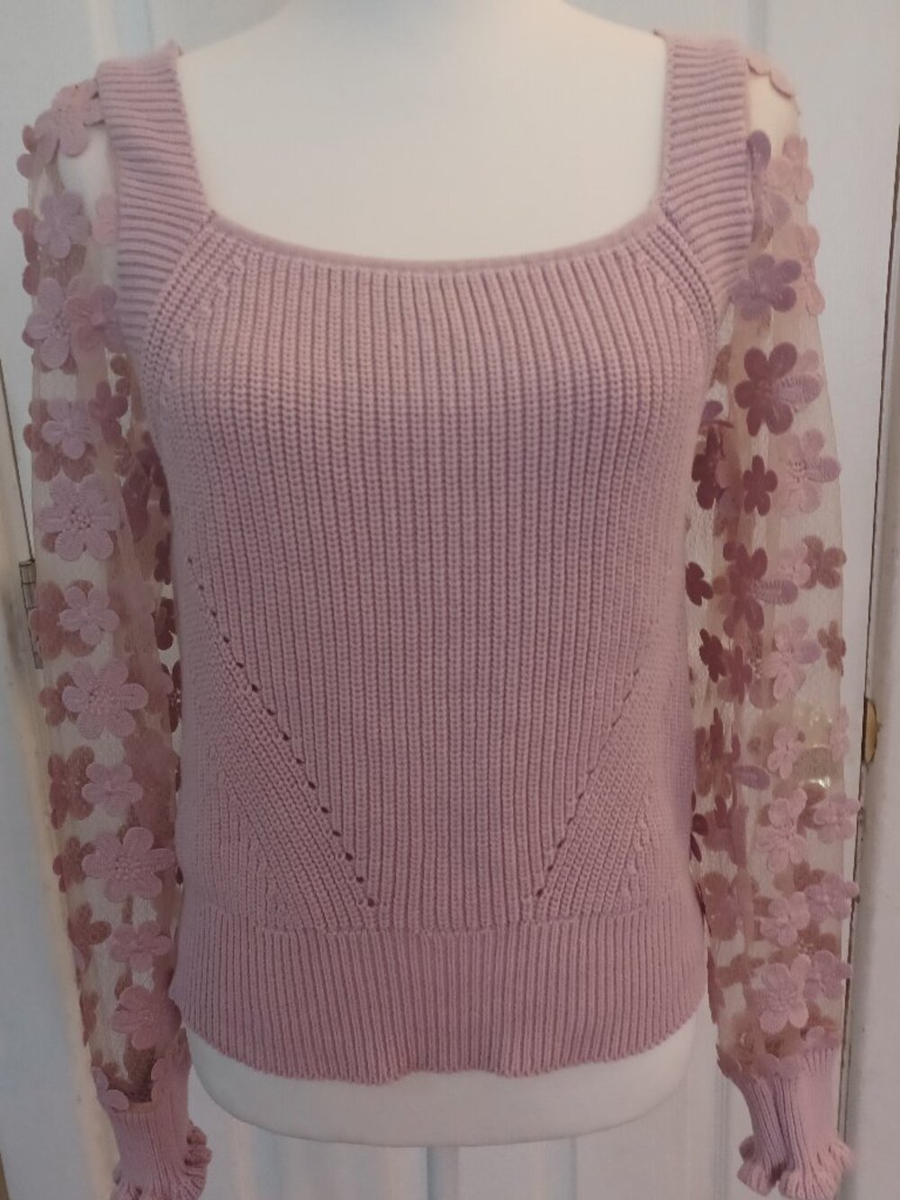Industry Republic Clothing Pink 100% Cotton Sweater Sheer Floral Lace Sleeve